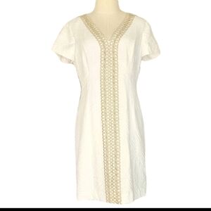 Lilly Pulitzer White and Gold Arie Stretch Short Minimal Luxury Shift Dress SZ 8